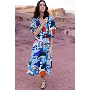 NEW Oliphant White Pacifica Puff Sleeve Button Midi Dress Ocean Motif